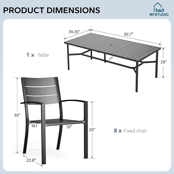 MFSTUDIO Patio Dining Set for 8, Black Metal Outdoor Table and Chairs Set with Umbrella Hole, 9 Piece Wrought Iron Patio Furniture Dining Set for Deck Backyard Garden