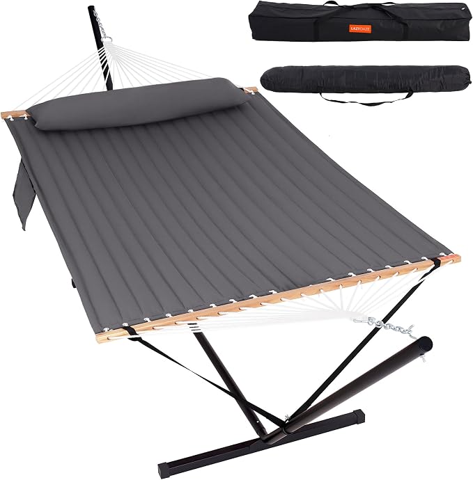Lazy Daze Hammocks 2 Person Portable Hammock with 12FT Stand for Outside, 10.5FT Quilted Double Hammock with Spreader Bar and Detachable Pillow, 450lbs Capacity for Outdoor Patio, Grey