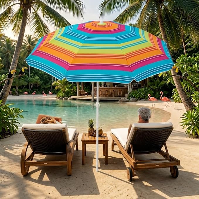 PMU 2 Pcs 6ft Multicolored Beach Umbrella – Vibrant Rainbow Stripe Design, 72in Open, 160G Polyester, Large Outdoor Patio Pool Parasol Umbrella for Garden, Deck, Backyard & Pool