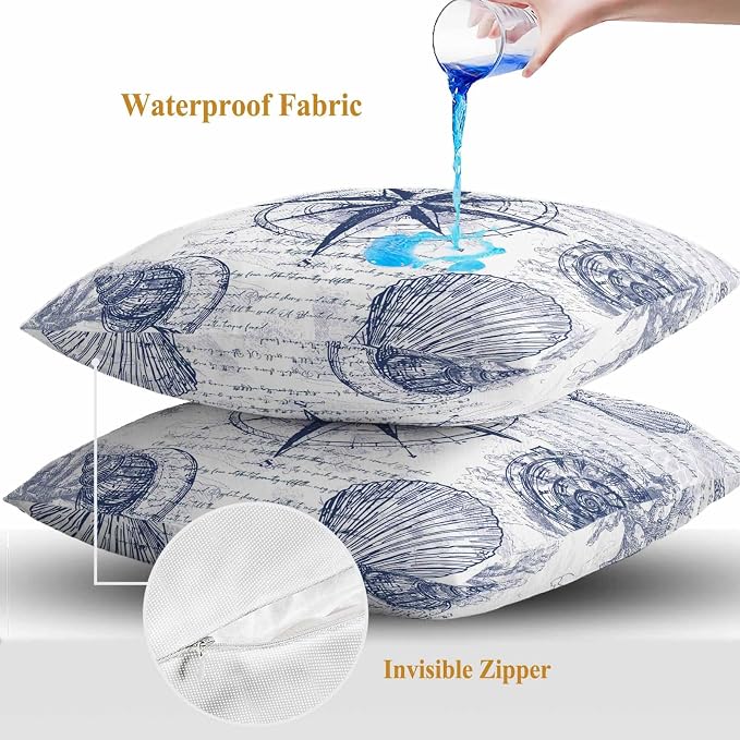 Vintage Nautical Outdoor Waterproof Throw Pillow Covers Set of 2, 26"x26", Summer Navy Blue Compass Shell Starfish Map Decorative Pillow Covers Outside Cushion Case for Patio Porch Garden