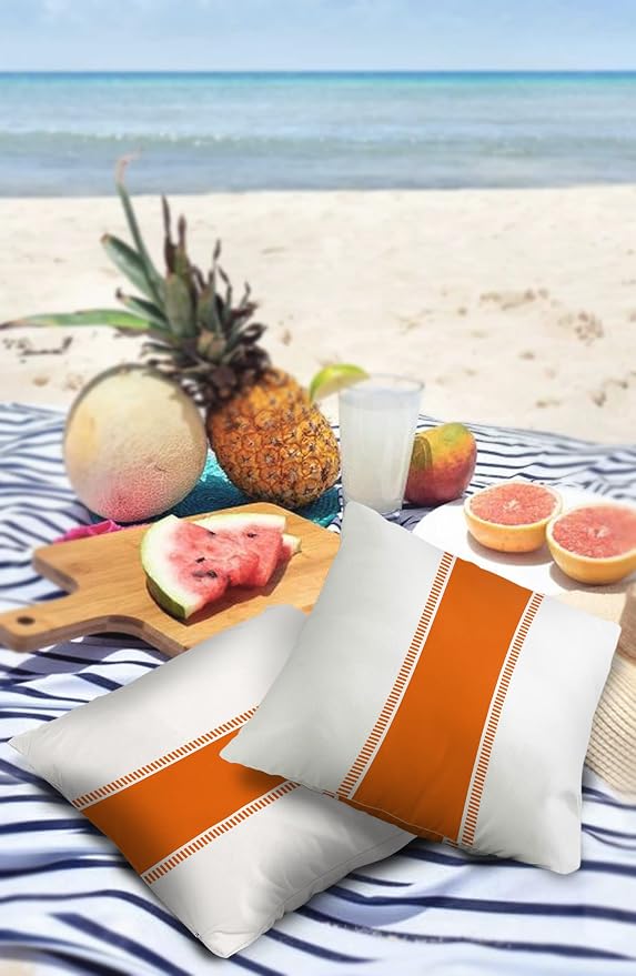 Outdoor Waterproof Throw Pillow Covers 26 x 26 Inches Set of 2 Orange White Stripes Minimalist Simple Pattern Decorative Cushion Cover Pillowcase for Garden Patio Tent Beach Livingroom Sofa Couch