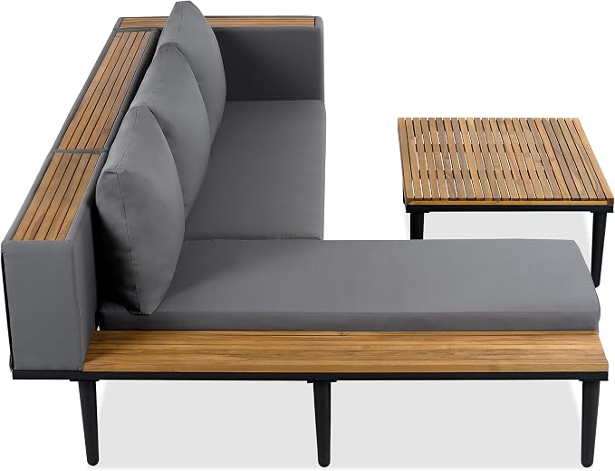 Luxury 4-Piece L-Shaped Outdoor Patio Sofa Set with Acacia Wood Side & Coffee Table, Removable Cushions & Pillows, Metal Frame, Comfortable Modular Conversation Sectional for Backyard, Porch, Gray