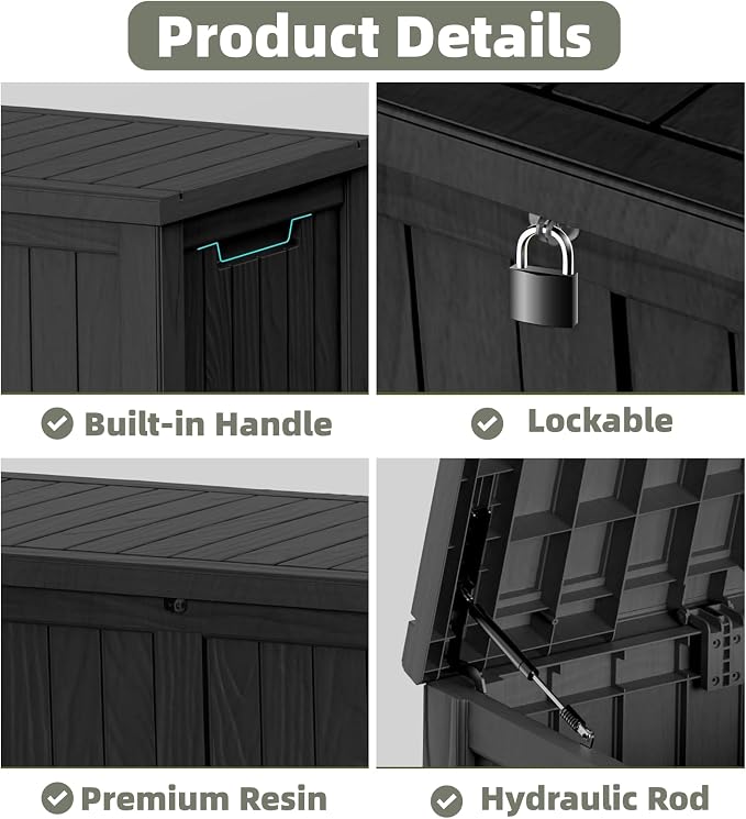 Outdoor Storage Deck Box, Large Patio Container for Garden Tools, Cushions and Yard Accessorie.Lockable Waterproof Resin Weatherproof Storage Container (Black, 230 Gallon)