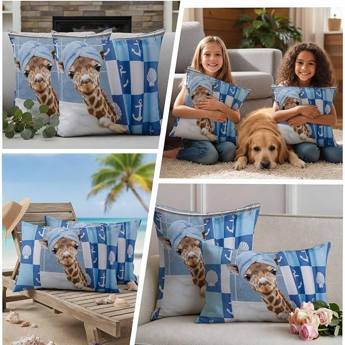 Bathing Giraffe Waterproof Outdoor Pillow Covers Set of 2 Home Decor, Funny Animal Showering Pillowcase Patio Pillow Covers for Couch Bench Patio Furniture Garden 16x16in