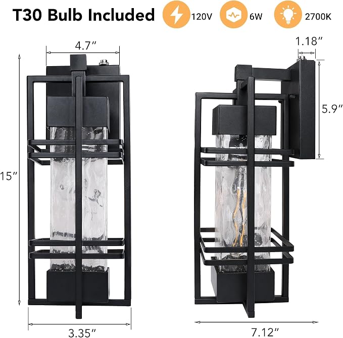 15'' Dusk to Dawn Outdoor Wall Lantern,Front Porch Light, 2Pack, Black | Rustproof Metal Frame, Water Ripple Glass, T30 Bulb Included, E26 Bulb,2700K Warm Light, Patio Light for Front Door