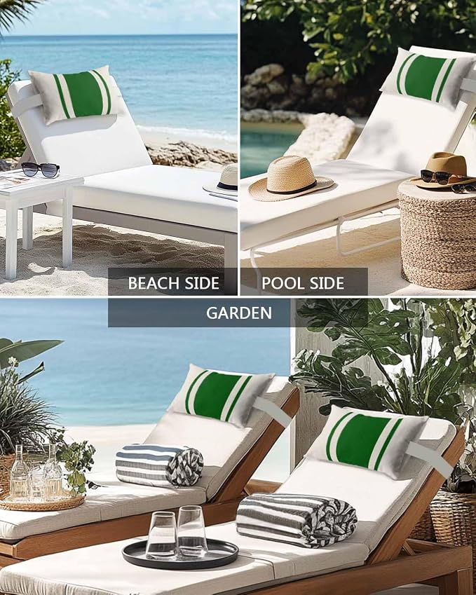 Outdoor Lumbar Pillows with Strap & Insert Green Stripe Lines Recliner Head Pillow Pack of 2 Linen Striped Waterproof Headrest Patio Lounge Chair Pillows for Beach Pool Office Chaise Chair 11x16 Inch