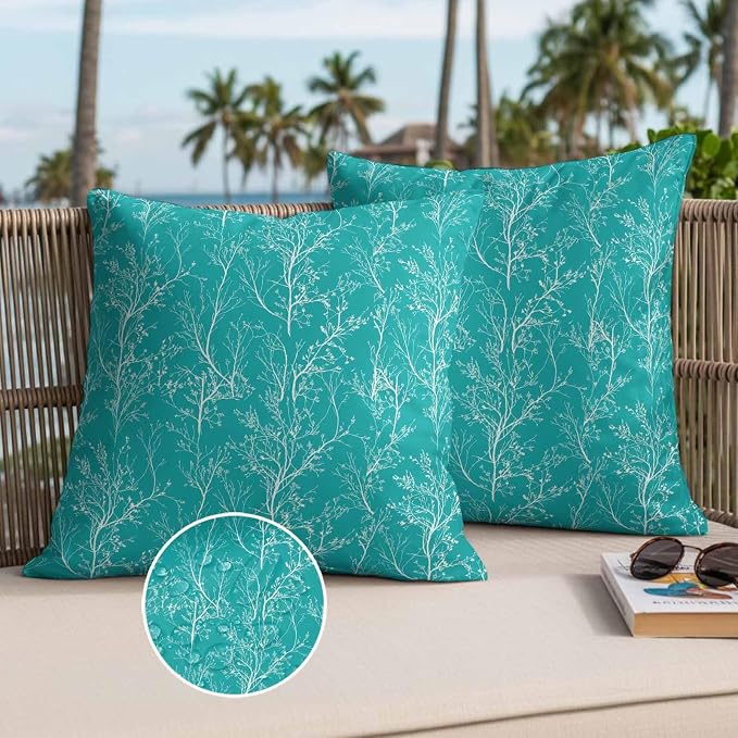 Turquoise Branches Waterproof Outdoor Pillow Covers Set of 2 Home Decor, Abstract Art Leaves Plant Pillowcase Patio Pillow Covers for Couch Bench Patio Furniture Garden 16x16in