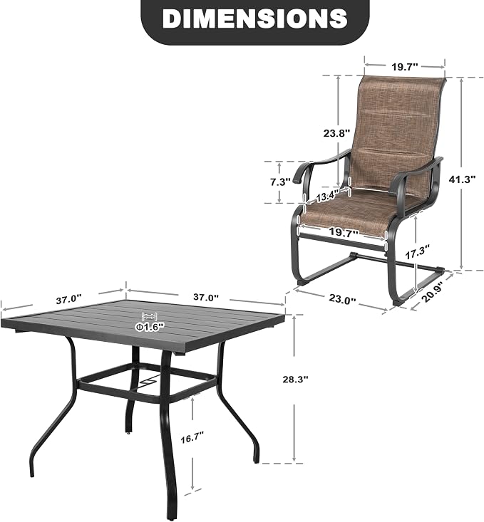 NUU GARDEN 5 Piece Outdoor Dining Set, 4 Padded Textilene Patio Chairs and 37 Inch Square Table with Umbrella Hole, Patio Furniture for Backyard Garden, Brown and Black