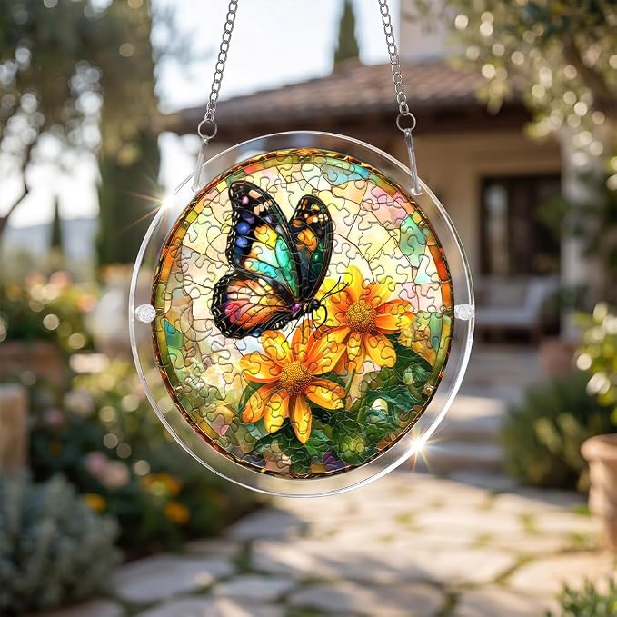 Acrylic Puzzle Suncatcher, Jigsaw Puzzle Sun Catcher, 7.87 in | Butterfly & Flower Acrylic Jigsaw Puzzle, Suncatcher Puzzles Kit Home Garden Decor, Mothers Day Birthday Gifts for Mom, Adult
