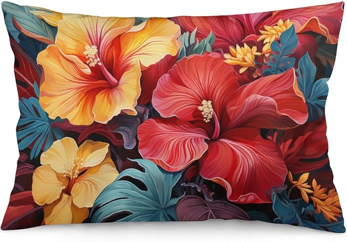 Pillow Cases Tropical Flower Printed with Colorful Leaves Decorative Throw Pillow Case 20"x30" Tropical Red Hibiscus Flower Cooling Pillow Cases with Hidden Zipper Closure for Bedding Couch