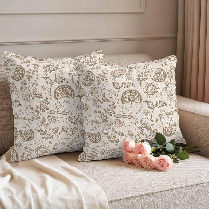 Outdoor Pillow Covers 24x24 Set of 2, Khaki Fruit Waterproof Patio Throw Pillow Covers for Couch Sofa Chair, Country Retro Floral Botanical Plant Decorative Pillowcases for Throw Pillows