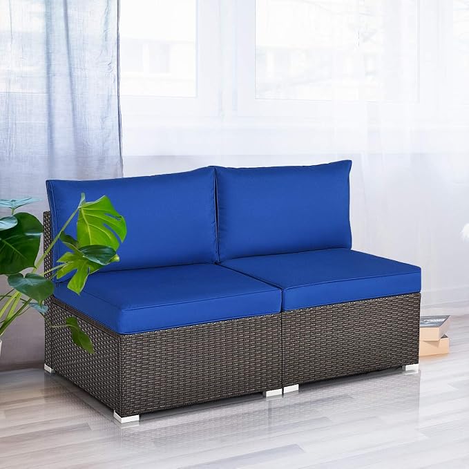 COSTWAY 2PCS PE Rattan Armless Sofa, Wicker Patio Conversation Set Chairs with Soft Cushion, Outdoor Sectional Furniture for Yard, Poolside (Navy)