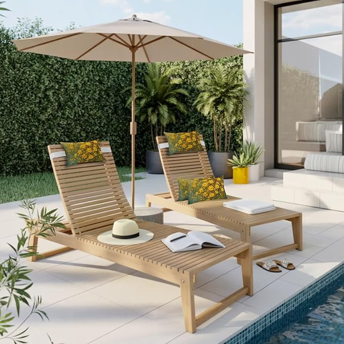 Country Wildflower Yellow Green Outdoor Pillow for Chaise Lounge Chair,Pastoral Flower Oil Painting Waterproof Headrest Lumbar Pillows with Insert&Elastic Strap for Patio Pool Garden Chairs,1 Pack