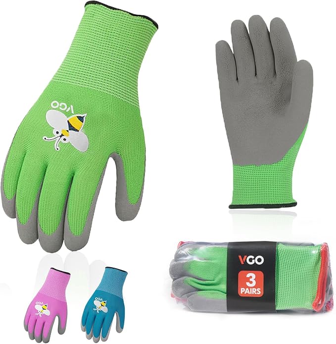 Vgo... 3-Pairs Age 5-7Kids Gardening Gloves, Toddler Yard Safety Work Gloves, Rubber (XXS, KID-RB6013)