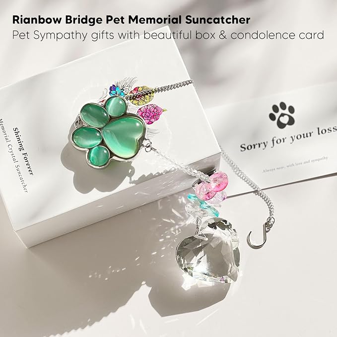 Dog Memorial Gifts, Pet Memorial Suncatcher, Loss of Dog Sympathy Gift | Thoughtful Dogs and Cats Bereavement Remembrance Gifts, Natural Cat's Eye Stone Paw Crystal Suncatcher