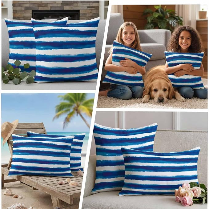 Blue Stripe Waterproof Outdoor Pillow Covers Set of 2 Home Decor, Ocean Beach Watercolor White Geometric Pillowcase Patio Pillow Covers for Couch Bench Furniture Garden 20x12in