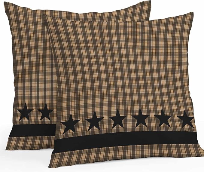Brown Black Plaid Waterproof Outdoor Pillow Covers Set of 2 Home Decor Vintage Rustic Star Buffalo Check Pillowcase Patio Pillow Covers for Couch Bench Furniture Garden 20x20in