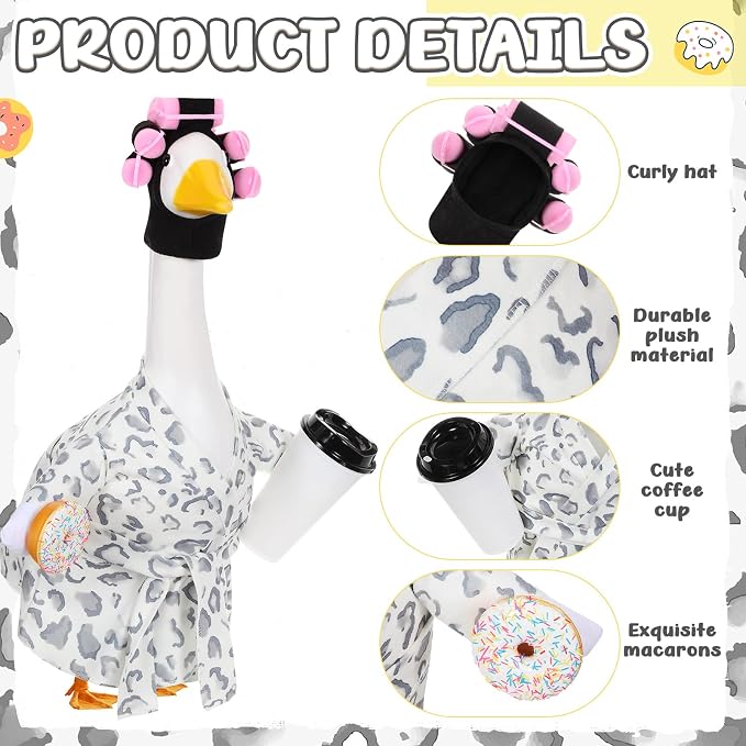 Shyyween Lady Porch Goose Outfit for 23'' Cement Plastic Lawn Goose Statue Clothes Silver Leopard Bathrobe Coffee Cup Curlers for Outdoor Garden Yard Patio Decoration
