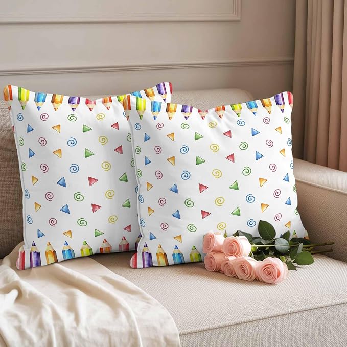 Back to School Waterproof Outdoor Pillow Covers Set of 2 Home Decor, Funny Colorful Pencil Building Blocks Pillowcase Patio Pillow Covers for Couch Bench Furniture Garden 18x18in