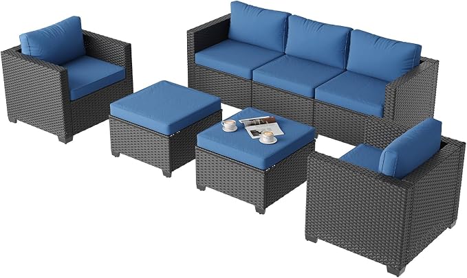 Aoxun Patio Furniture Set, 5 Piece Outdoor Sectional Sofa with Ottomans, Wicker Outdoor Furniture Conversation Sets with Waterproof Cover for Backyard Navy Blue