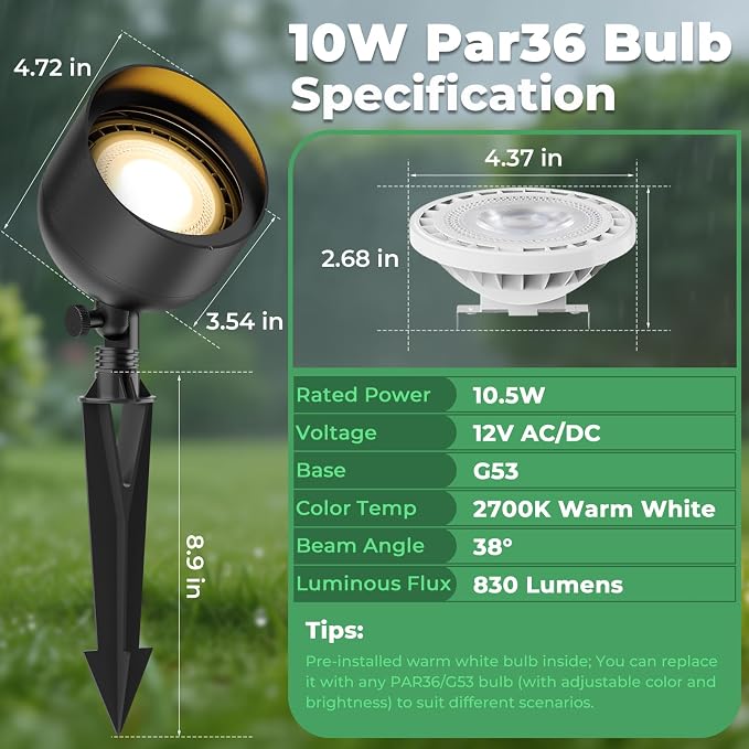 Low Voltage Landscape LED Flood Light, 12V Wide-Angle Outdoor Uplight for Bushes, Tree Canopy, Flagpole and Exterior Wall Washing with 10W 2700K PAR36 Bulb (2 Pack)