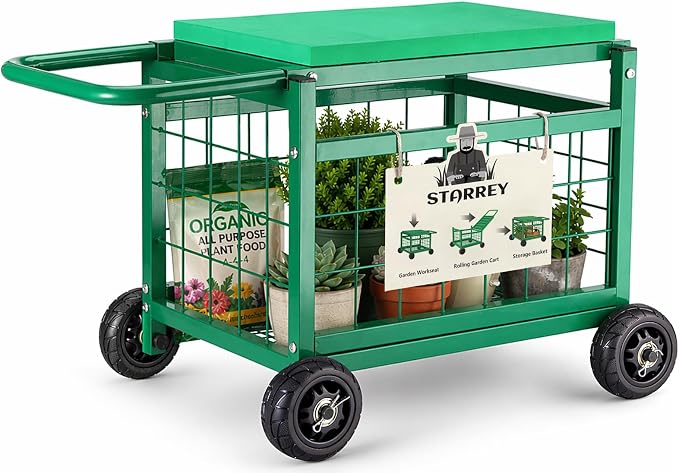 Garden Seat with Wheels, Rolling Garden Stool Heavy Duty Gardening Cart with Seat and 20 Quart Storage Space Use for Patio, Yard, and Outdoors