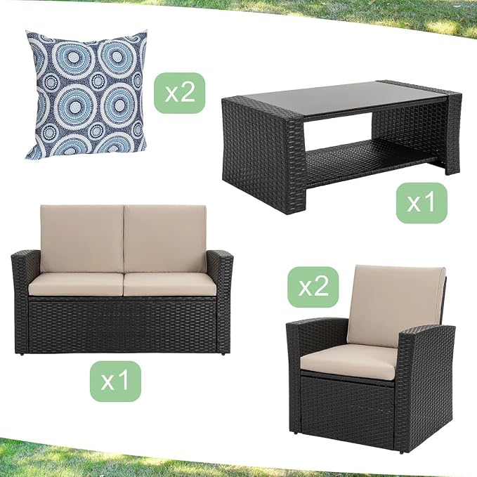 Shintenchi 4 Piece Patio Furniture Set, Outdoor Rattan Conversation Set with Coffee Table, Outside Wicker Sectional Sofa Couch with Cushion, Black