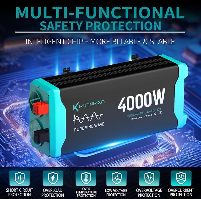 4000W Pure Sine Wave Inverter Peak 8000w 12V DC to 120V AC for RV, Truck, Off-Grid, Home, Solar Car Power Inverter with Dual AC Hardwire Port, 20A Socket, 5V 2.1A USB