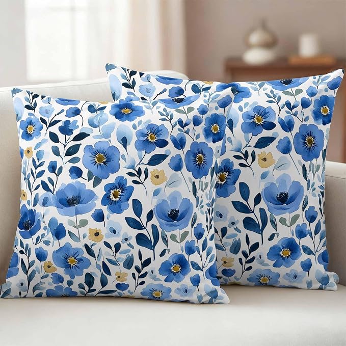 Blue Flowers Outdoor Waterproof Throw Pillow Covers Set of 2, 18"x18", Summer Watercolor Retro Floral Decorative Pillow Covers Outside Cushion Case for Patio Porch Garden