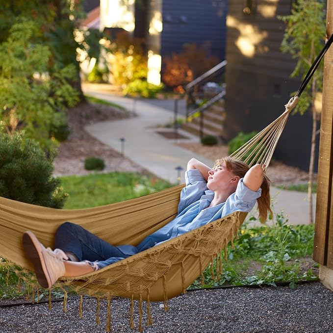 MOSFiATA Backyard Hammock with Tassels Max 500lbs Canvas Fabric Bohemian Style with Thickened Rope and Carry Bag for Outdoor, Garden, Patio, Wedding Decor (Khaki)