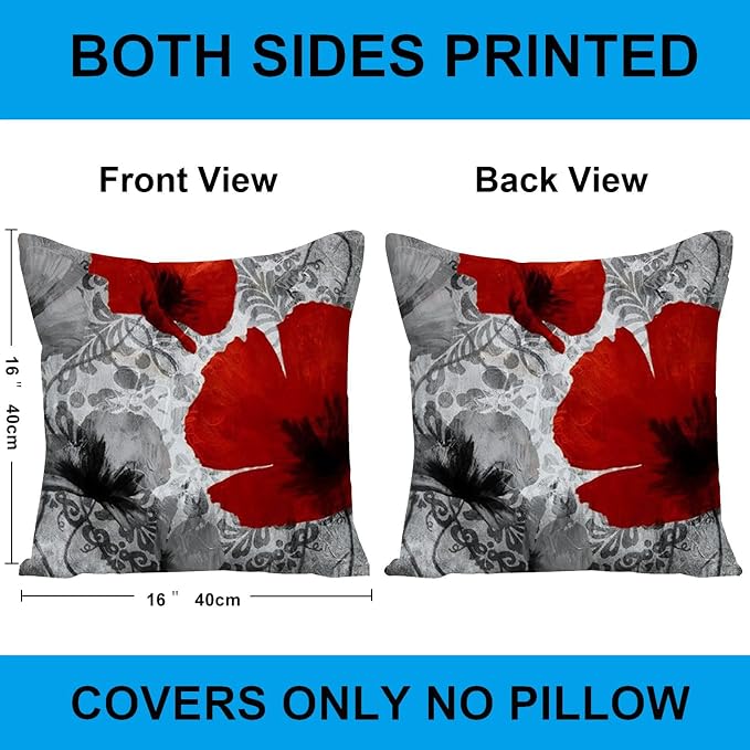 Black Red Flower Pillow Covers Love Pillow Covers Decorative Linen Square Throw Pillow Covers Couple Cushion Cases Home Decor for Sofa Bedroom Car 16x16Inch