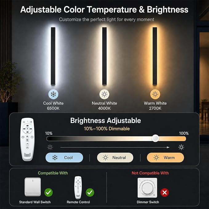 71inch Modern Outdoor Wall Light, 2700K-6500K Dimmable Black Long Wall Sconce, IP65 Waterproof Outdoor Exterior Lights for House, Courtyard, Porch, Garage