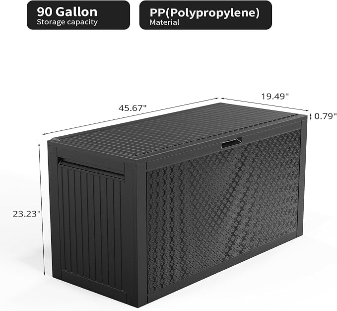 90 Gallon Large Outdoor Storage Box, Black Maze-Pattern Resin Deck Box with Wheels & Side Handles, Lockable Waterproof UV-Resistant Patio Storage Container for Tools, Cushions, Toys, Garden Accessorie