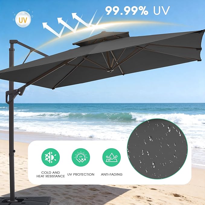 JEAREY 12ft 2-Tier Cantilever Patio Umbrella, Large Square Outdoor Offset Umbrella with Double Top Vent and 360-degree Rotation for Garden, Deck, Pool, Patio，Gray