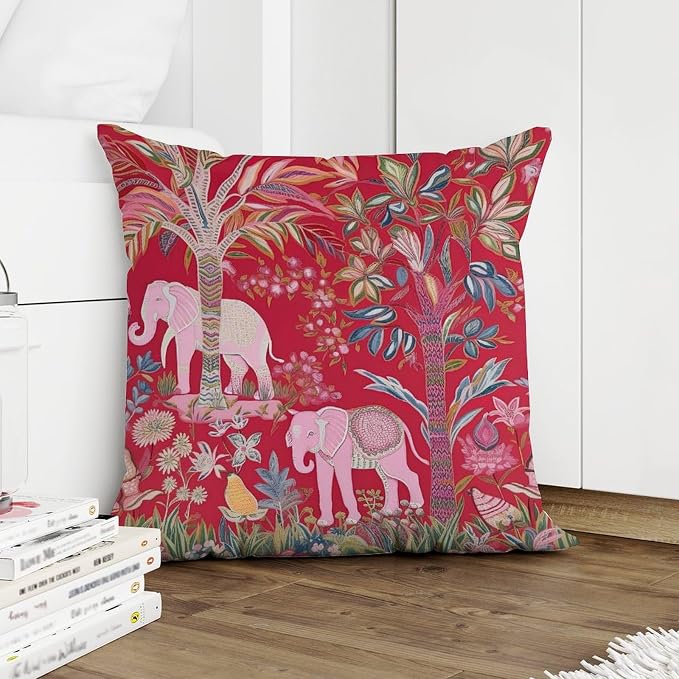 Cushion Cases Animal Pink Chinoiserie Cushion Cases Classic Thailand Elephant Jungle Pillow Cover Accent Throw Pillow Covers Farmhouse Decorative for Patio Furniture Tent Garden 22x22 in