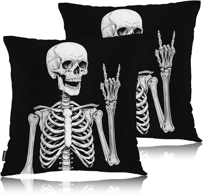 Swono Human Skeleton Throw Pillow Cases Pack of 2, Funny Human Skull Rock Music Square Cushion Covers Decor Pillow Covers for Couch Sofa Home Decoration 18 X 18 Inches Pillowcases, Black
