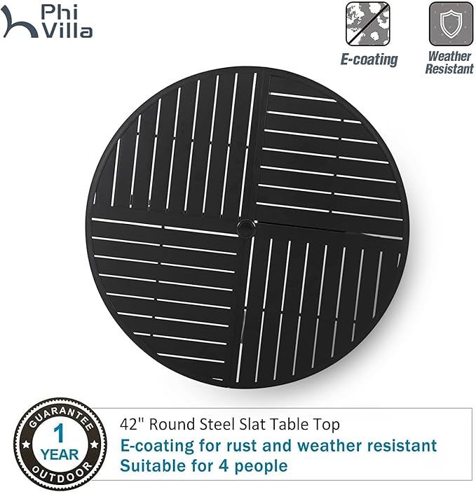 PHI VILLA 5 Piece Outdoor Round Dining Table Set for 4, 42” Metal Dining Table with Umbrella Hole & 4 Cushioned Wicker Chairs for Patio, Deck, Yard, Porch