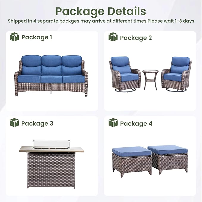 Luxury Patio Furniture Set with 6-inch Thick Cushion, Outdoor Furniture with Fire Pit Table, Swivel Chairs, Sofa, Side Table, Ottomans, 7pcs Wicker Conversation Set (Brown Wicker | Blue Cushion)