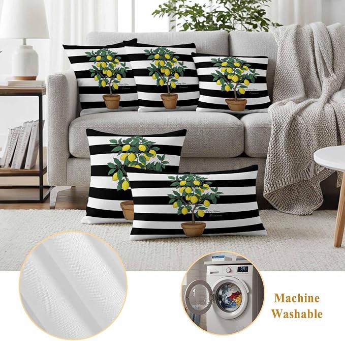 Outdoor Waterproof Throw Pillow Covers, Summer Lemon Decorative Pillow Cases, Black White Striped Potted Plant Couch Pillow Protector Patio Sofa Cushion Covers Replacement 18"x18" 2 Pack
