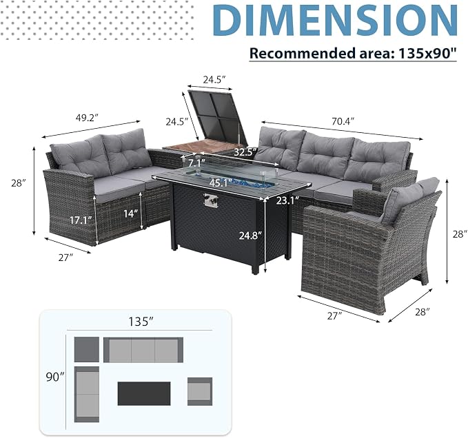JOIVI 8 Pieces Patio Furniture Set with 45” Propane Fire Pit Table and Storage Box, Wicker Rattan Outdoor Sectional Sofa, Outdoor Furniture Conversation Set with Thickened Cushion, Gray