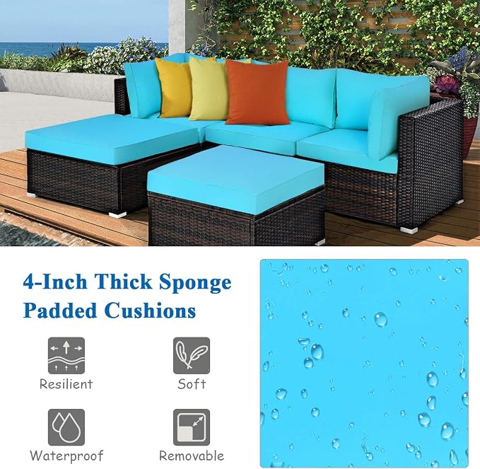 COSTWAY 5-Piece Outdoor Patio Furniture Set, PE Rattan Sectional Conversation Set with Cushions and 2 Ottomans for Garden, Deck, Backyard (Turquoise)