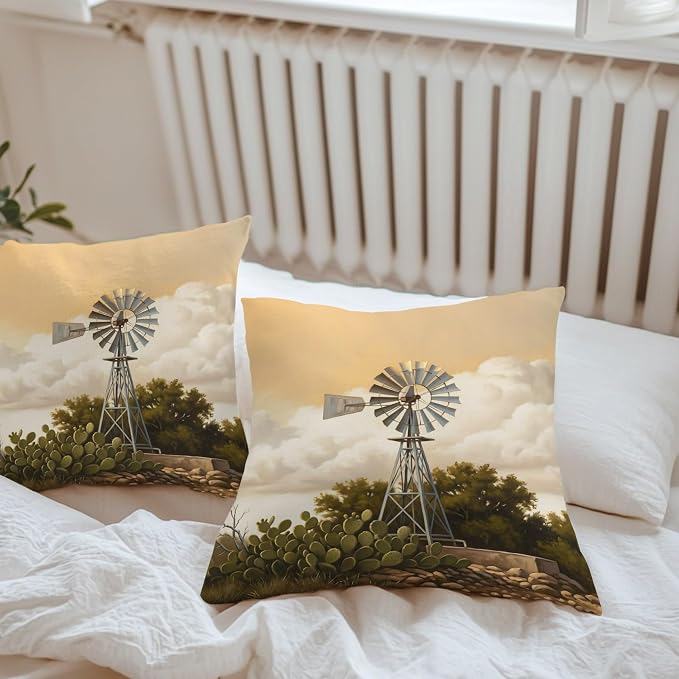 Windmill Outdoor Pillow Covers 16"x16" Set of 2, Windmill Farmhouse Sunset Field Trees Rustic Waterproof Throw Pillow Covers for Patio Furniture, Decorative Cushion Covers for Porch