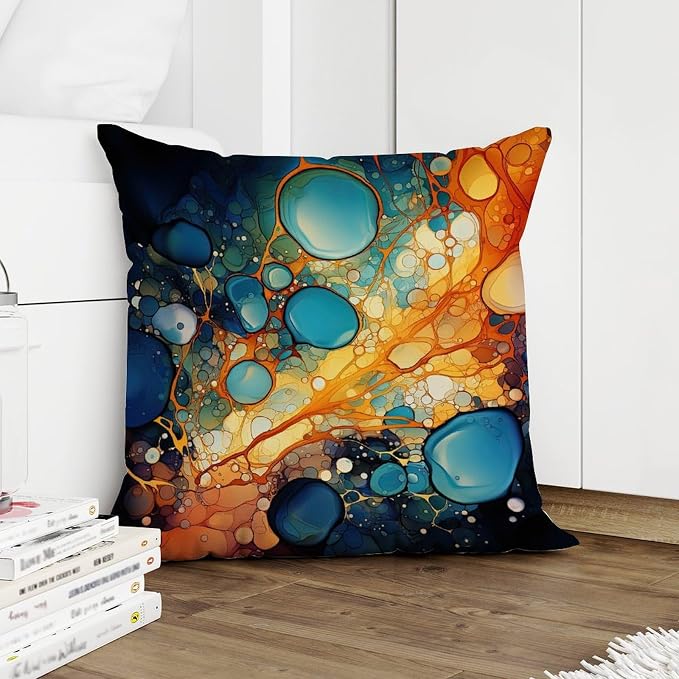 Ink Rainbow Shapes with Gold Pillowcase Abstract Alcohol Ink Textures Throw Pillow Cover Retro Outdoor Waterproof Decorative Pillow Cover for Patio Furniture Tent Garden 16x16 in