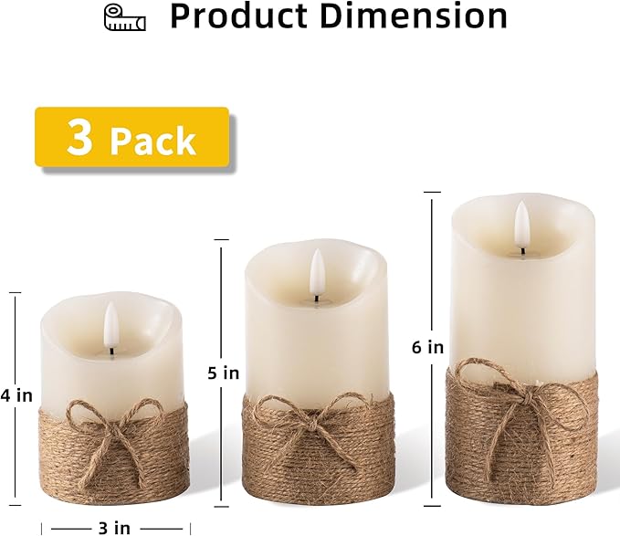 AKU TONPA Flameless Candles Battery Operated Pillar Real Wax Electric LED Candle Gift Set with Remote Control and Timer, 4" 5" 6" Pack of 3 (Ivory Wax with Hemp Rope)