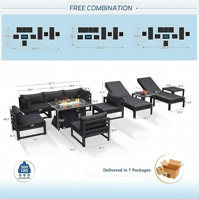 NICESOUL Aluminum Patio Furniture Set with Chaise Lounge & Firepit, 11 Piece Large Modular Outdoor Sectional Couch, 29" Deep Wide Seating, 500 lbs Heavy Duty Conversation Sofa for Deck, Dark Gray