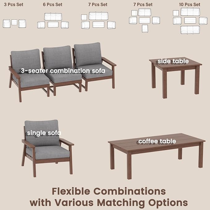 Ayge HDPE Patio Furniture Set,7 Piece Sectional Outdoor Furniture Set, All Weather Outdoor Couch Set Patio Conversation Set for Deck, Lawn, Brown