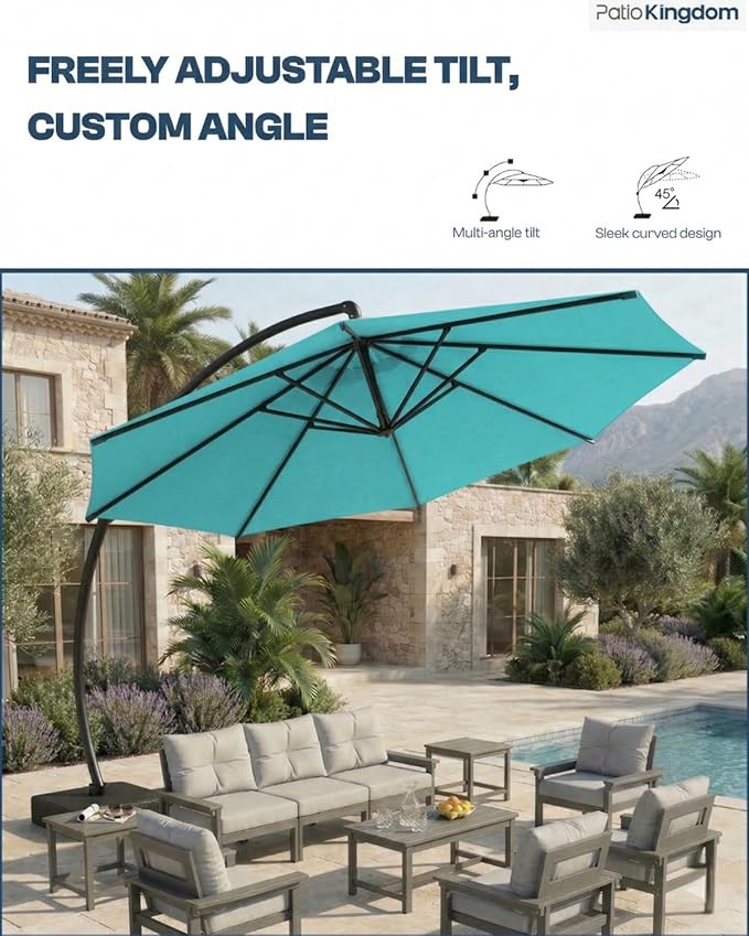 11 FT Cantilever Umbrella with Base Included, Large Round 360° Rotation Offset Umbrella Outdoor Patio, Heavy Duty Aluminum Frame, Sand-Weighted Stand, for Deck, Backyard, Pool, Garden (Teal)