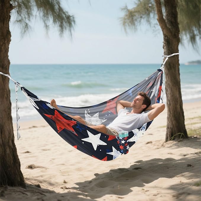 4th of July Independence Day Red and Blue Stars 330lb Capacity Outdoor Hammock with Hanging Rope Portable Hammock for Outside Patio Backyard Poolside hamaca de Algodon para Jardin