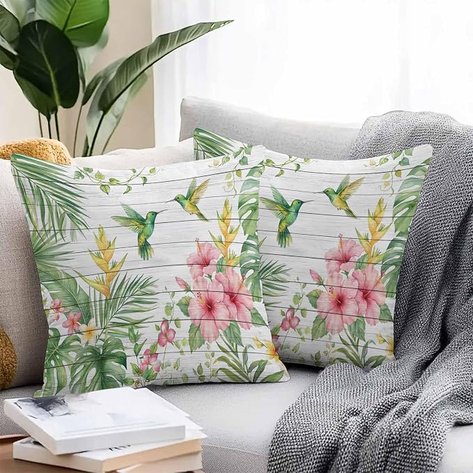 Hummingbirds Hibiscus Outdoor Waterproof Pillow Covers Pack of 2, Birds Botanical Tropical Plant Wood Grain Throw Pillowcases Decorative Cushion Covers for Garden Patio Tent Sofa Couch, 20x20 inch