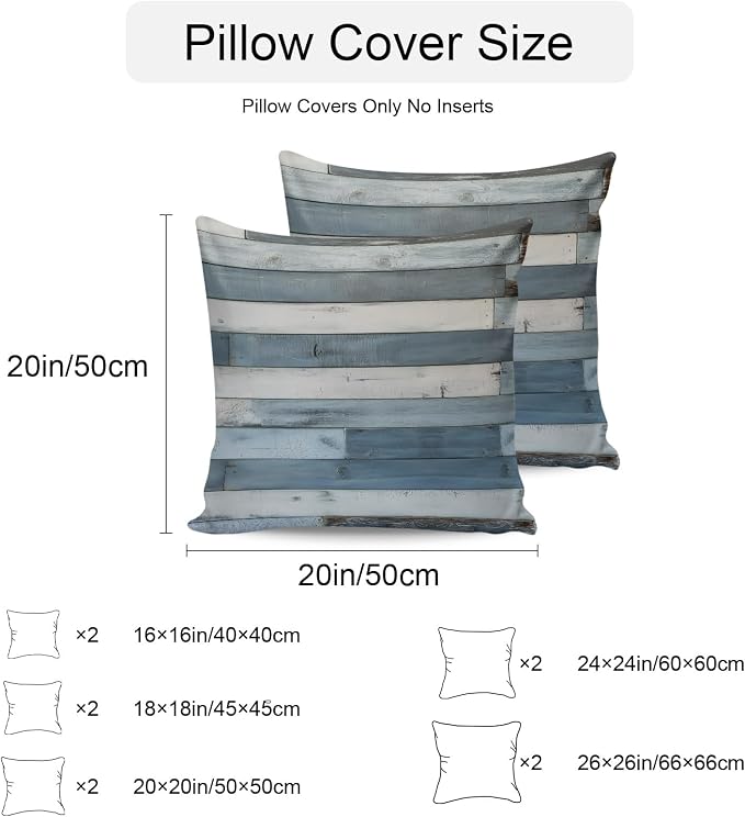 Vintage Blue Farmhouse Outdoor Pillow Covers Waterproof, All Weather Cushion Case Set of 2, Retro Wooden Country Decorative Pillowcases for Sofa Couch Bed Decor Patio Furniture 18"x18"